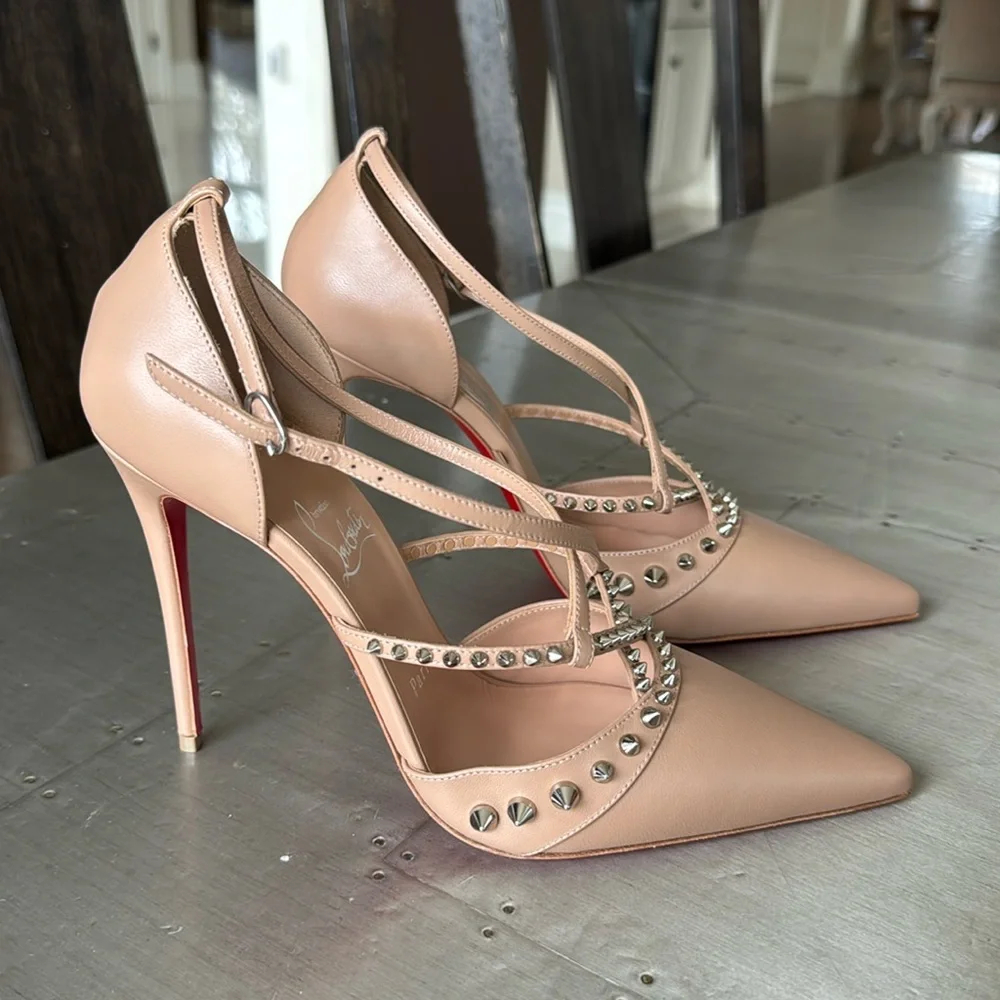 Christian Louboutin tatooshka spikes pump beige silver blush stiletto sz 39.5